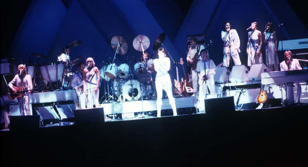 Swedish Pop band Abba performing on stage at London's Wembley Arena.